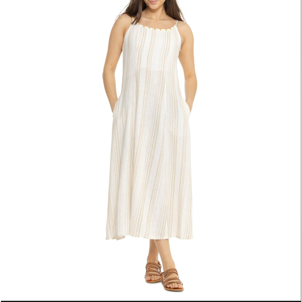 Calypso St. Barth Size 12 Beige & White Striped Beaded Linen Blend Maxi Dress